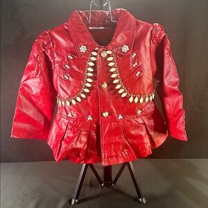 Custom Red Embellished  Faux Leather Jacket